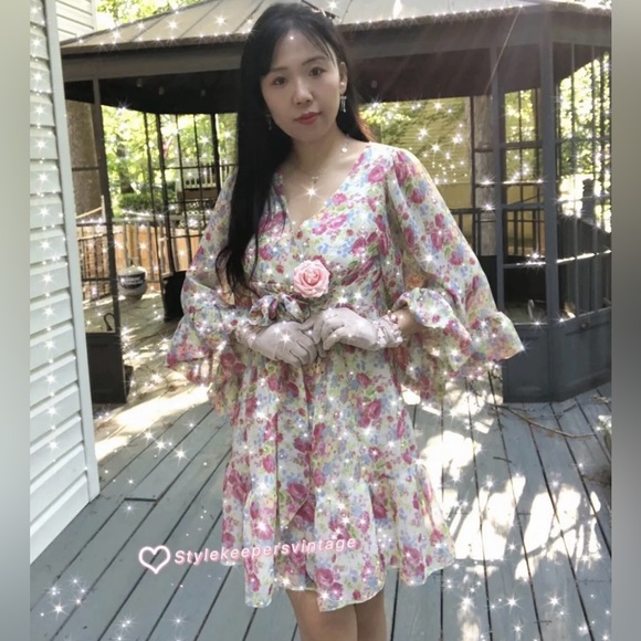 🍒RARE BETSEY JOHNSON Floral Rose BAMBI Boho Slip Bell Sleeves DRESS S  🍒✨ - Picture 4 of 13